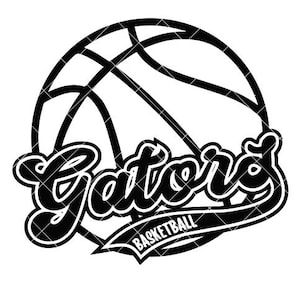 May include: Black and white graphic design of a basketball with the word "Gators" in a bold, stylized font and the text "Basketball" below.