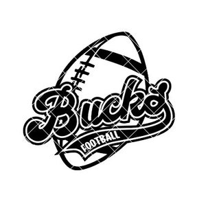 May include: Black and white graphic design of a football with the word "Bucks" and "Football" written underneath.