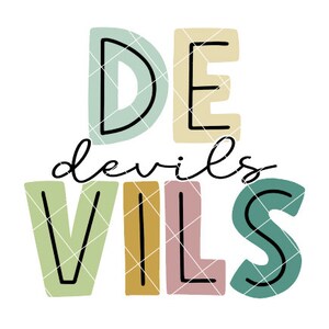 Puede incluir: Un diseño gráfico colorido con el texto "DE" y "devils VILS" en una fuente lúdica. Las letras están delineadas en negro y rellenas de varios colores, incluyendo verde, amarillo, rosa y azul.