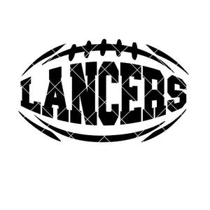 Pode incluir: Gráfico a preto e branco de uma bola de futebol americano com a palavra "LANCERS" em letras maiúsculas e em negrito no interior. O design da bola de futebol apresenta linhas curvas e detalhes de costura, sobre um fundo branco. O texto é em estilo universitário.