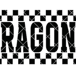 May include: A graphic design featuring the word "DRAGONS" in bold, black letters with a checkered pattern above and below. The letters have a crisscross pattern inside.