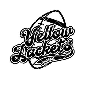 May include: Black and white graphic design of a football with the text "Yellow Jackets Football" in a stylized font.