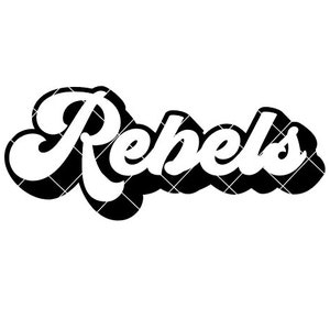 May include: A black and white graphic with the word "Rebels" in a retro font. The word is in white with a black outline and a checkered shadow effect, set against a white background.