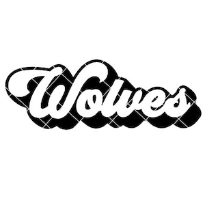 May include: Black and white graphic design of the word "Wolves" in a retro, stylized font.