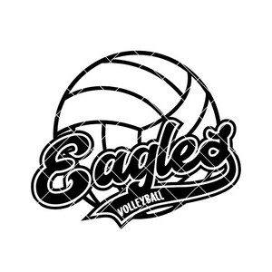 Peut inclure: Conception graphique en noir et blanc d'un ballon de volley-ball avec le mot "Eagles" dans une police de caractères stylisée et le mot "Volleyball" en dessous.