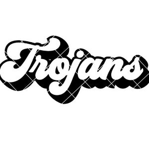 May include: Black and white graphic design with the word "Trojans" in a retro, stylized font.