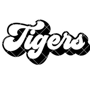 May include: Black and white graphic design of the word "Tigers" in a retro, cursive font.