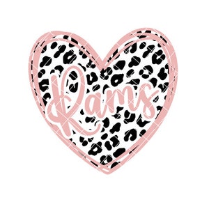 May include: A pink heart with a black and white leopard print design and the word "Rams" written in pink inside the heart.