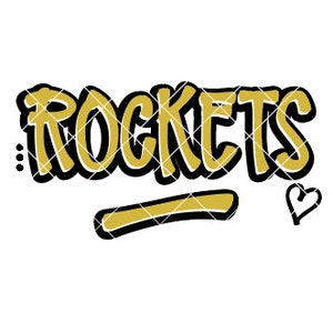 以下が含まれることがあります： 太字でスタイリッシュなフォントで「ROCKETS」と書かれた金色のグラフィック。単語は黒で縁取られており、下に黒い線が引かれています。単語の右側に小さなハートがあります。
