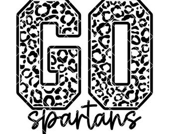 May include: A graphic design featuring the letters G and O in a bold, block-style font. Both letters are filled with a black and white leopard print pattern. Below the letters, the word spartans is written in a black, cursive script font.