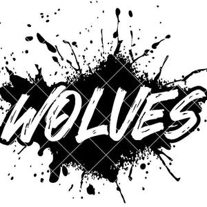 Puede incluir: Diseño gráfico en blanco y negro con la palabra "WOLVES" en letras blancas y en negrita. La palabra está sobre un fondo negro texturizado con un efecto de salpicadura, creando una estética dinámica y atrevida.