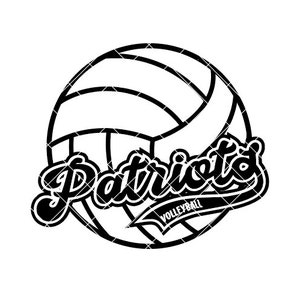 May include: Black and white graphic design of a volleyball with the word "Patriots" in a stylized font and the text "Volleyball" below it.
