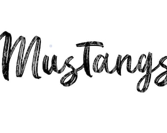 May include: The word Mustangs is written in a black, brush-stroke style font. The lettering features a textured, hand-painted appearance with visible vertical streaks throughout each character, set against a plain white background.