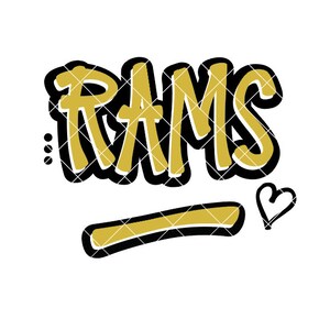 Könnte beinhalten: Eine goldene Grafik mit dem Wort "RAMS" in schwarz umrandeten Buchstaben. Unter dem Wort befindet sich eine schwarz umrandete goldene Linie mit einem kleinen Herzen.