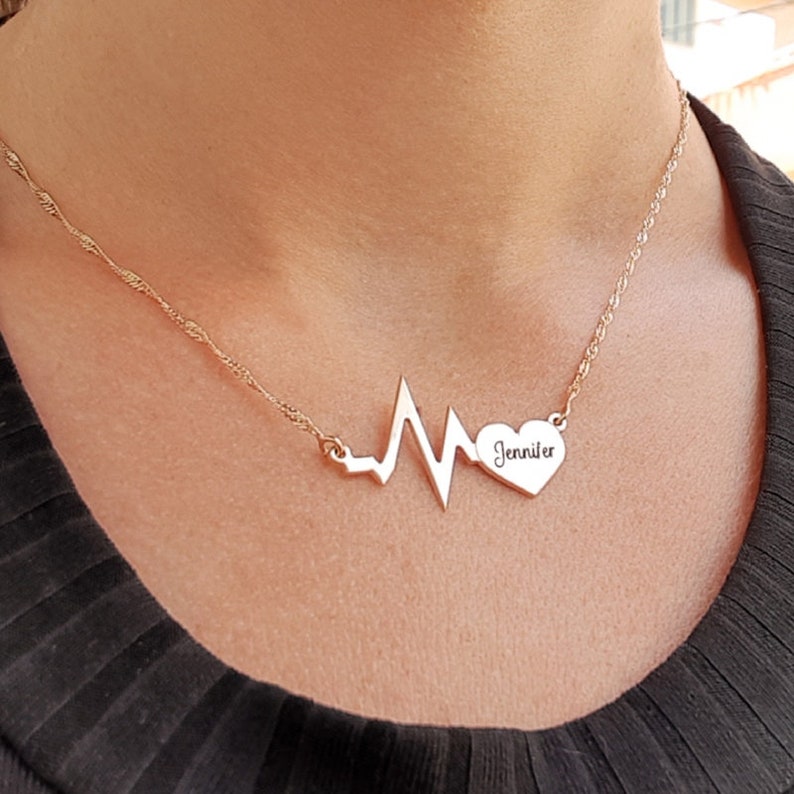 Heart pulse Name Necklace 18k gold Plated or Sterling Silver custom personalized gift engraved name necklace