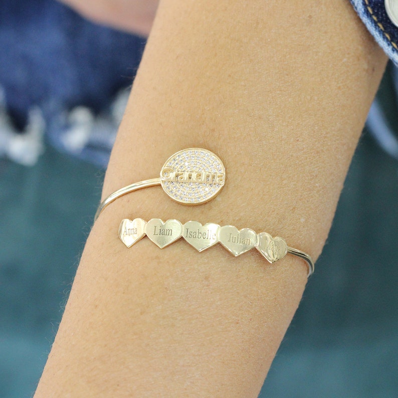 18k Gold Plated or Sterling Silver Mom grandma and heart name plate bangle Bracelet Zirconia monogram cz custom personalized gift engraved