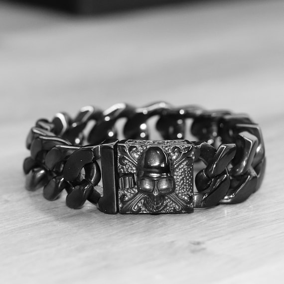 Heavy Men's 316L Stainless Steel Skull Link Bracelet - Gothic