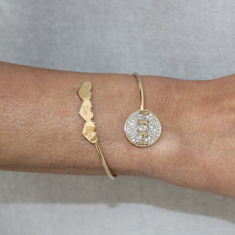 18k Gold Plated or Sterling Silver Mom grandma and heart name plate bangle Bracelet Zirconia monogram cz custom personalized gift engraved