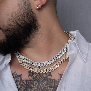 Złoty i srebrny naszyjnik z ogniwami kubańskimi Iced Out dla mężczyzn, łańcuszek hip-hopowy z kamieniami wysokiej jakości, szerokość 14 mm, złoto i srebro