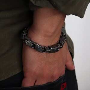 Bold mens stainless steel bracelet with tribal texture, rugged silver chain bracelet, heavy duty biker style jewelry, masculine gift for him