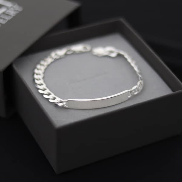 Grabado de pulsera gruesa, pulsera personalizada de plata, placa de identificación de pulsera de enlace curb para ella y para él