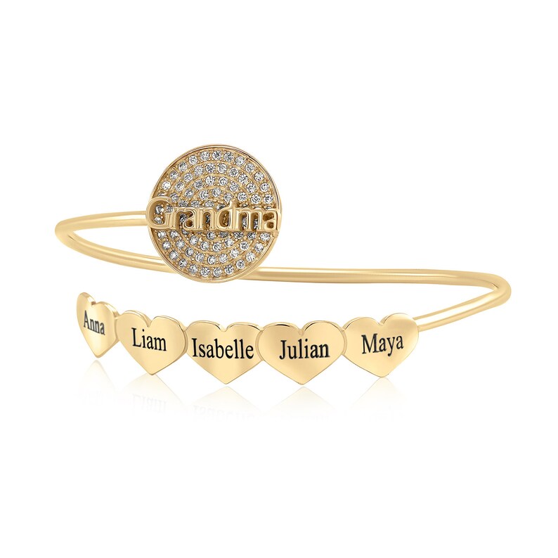 18k Gold Plated or Sterling Silver Mom grandma and heart name plate bangle Bracelet Zirconia monogram cz custom personalized gift engraved