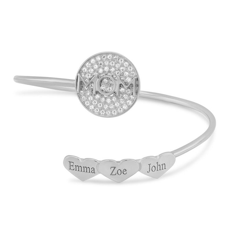 18k Gold Plated or Sterling Silver Mom grandma and heart name plate bangle Bracelet Zirconia monogram cz custom personalized gift engraved