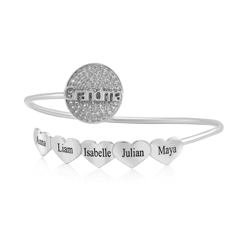 18k Gold Plated or Sterling Silver Mom grandma and heart name plate bangle Bracelet Zirconia monogram cz custom personalized gift engraved