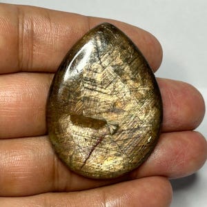 May include: A teardrop-shaped gemstone with a polished surface. The stone has a mix of gold, brown, and bronze tones with a network of fine lines across its surface. The gemstone is held in a hand against a white background.