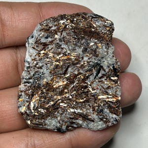 May include: A rough, irregularly shaped mineral specimen with a mix of colors. The stone features a base of light gray and white, with streaks of dark brown and black. Shimmering gold-colored flecks are scattered throughout the surface.