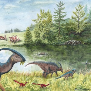 Parasaurolophus Family by the Lake, Fine Art Print, Dinosaurs, paleoart