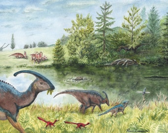 Parasaurolophus Family by the Lake, Fine Art Print, Dinosaurs, paleoart