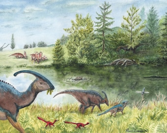 Parasaurolophus Family by the Lake, Fine Art Print, Dinosaurs, paleoart