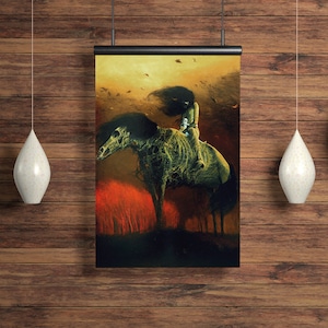 Zdzislaw Beksinski Poster, Beksinski Print, Beksinki Artwork, Haunting Surreal Landscape, Witchy art, Creepy Art, Woman on the horse,