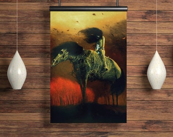 Zdzislaw Beksinski Poster, Beksinski Print, Beksinki Artwork, Haunting Surreal Landscape, Witchy art, Creepy Art, Woman on the horse,