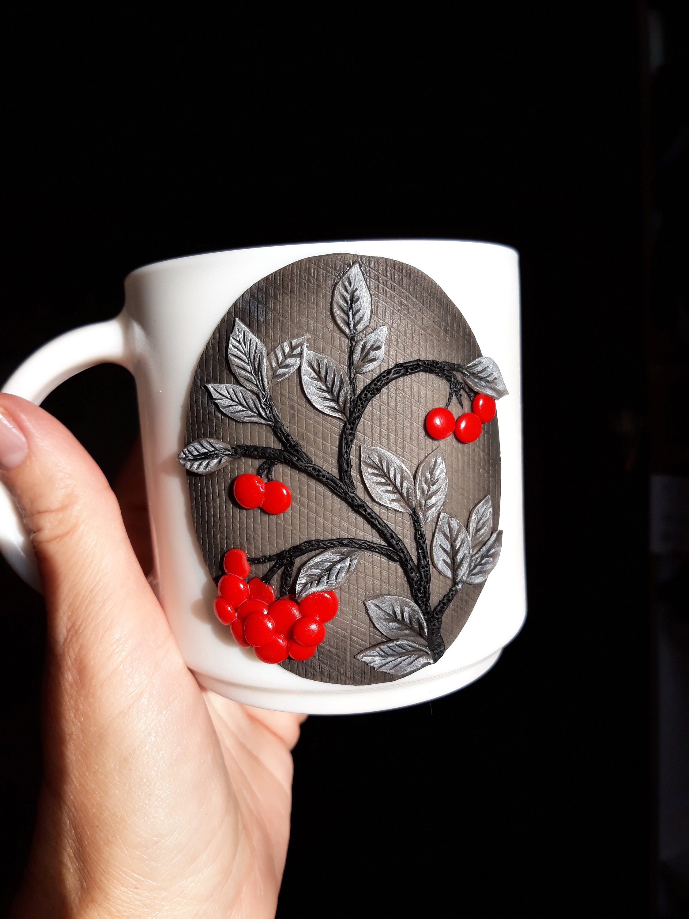 White coffee mug with polymer clay decor/Mug with red Etsy