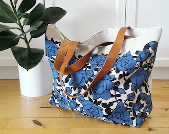 Blue canvas bag, Fabric tote bag, Roses fabric bag, Urban fabric bag, Original canvas bag, Japanese fabric bag, Daily bag, Unique bag