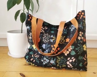 Fabric bag, Fabric flower bag, Canvas bag, Large canvas bag, Cotton flower bag, Black fabric bag, Large fabric bag, Large bag