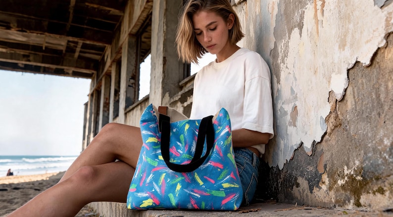 May include: A tote bag featuring a vibrant blue base with a multi-colored abstract brushstroke pattern in shades of pink, yellow, white, and green. The bag includes two sturdy black fabric handles and a visible brown leather-like accent tab.