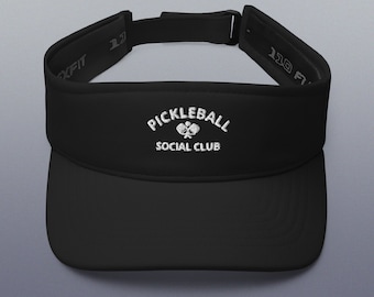 Peut inclure: Visor noir avec un logo brodé blanc qui dit "Pickleball Social Club" avec un graphique de raquette de pickleball.