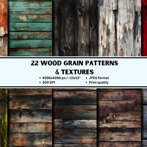 22 Wood Grain Seamless Patterns, wood grain textures, distressed wood digital paper for commercial use, digital printable scrapbook paper