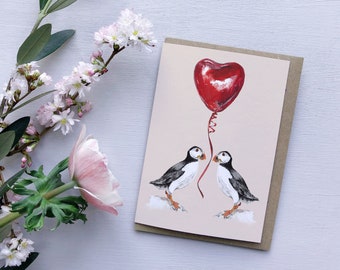 Puffin love watercolour greetings card