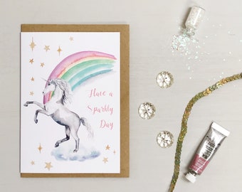 Unicorn rainbow hand painted greetings card