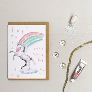Unicorn rainbow hand painted greetings card
