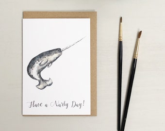 Narwhal hand painted greetings card