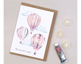 Tarjeta de felicitación pintada a mano con globos aerostáticos