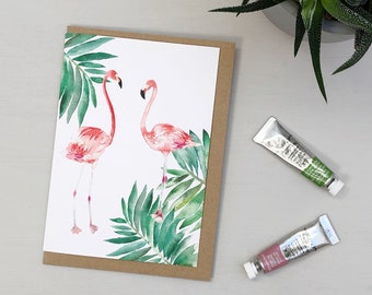 Flamingos Tropical hand painted greetings card