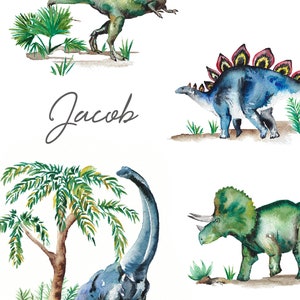 Dinosaurs Personalised Name Print from hand painted watercolour artwork, Picture for child's room, Gift image 3