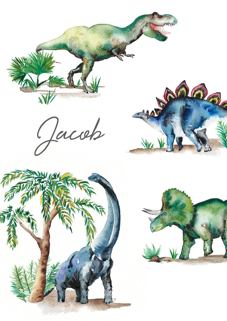 Dinosaurs Personalised Name Print from hand painted watercolour artwork, Picture for child's room, Gift image 3