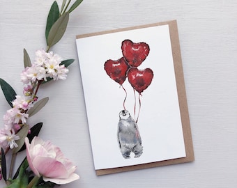 Valentines penguin chick watercolour greetings card